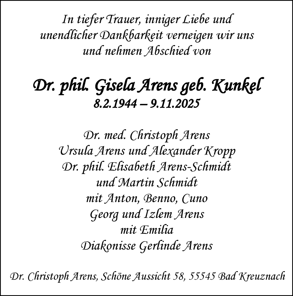  Traueranzeige für Gisela Arens vom 13.11.2025 aus Allgemeine Zeitung Rheinhessen-Nahe
