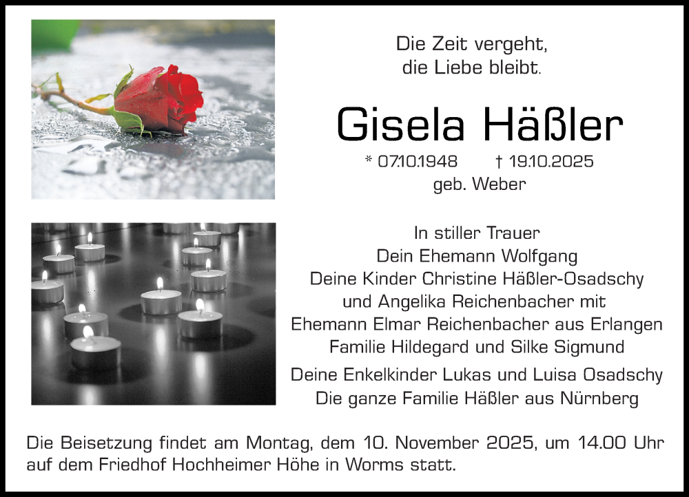  Traueranzeige für Gisela Häßler vom 08.11.2025 aus Wormser Zeitung