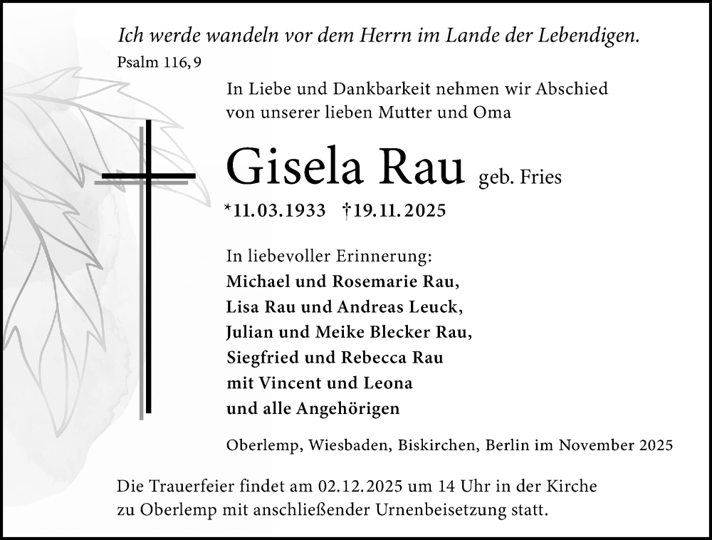  Traueranzeige für Gisela Rau vom 26.11.2025 aus Wetzlarer Neue Zeitung