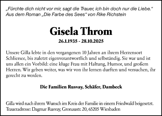 Traueranzeige von Gisela Throm von Wiesbadener Kurier