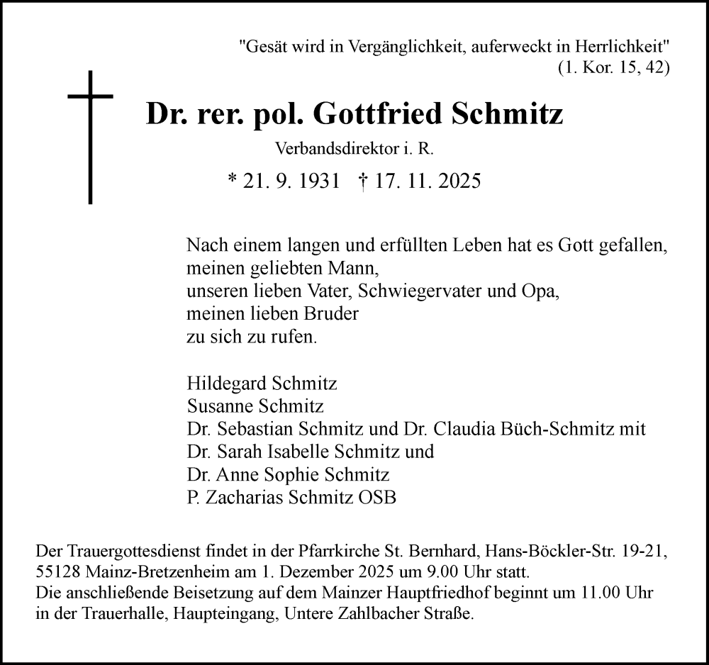  Traueranzeige für Gottfried Schmitz vom 22.11.2025 aus Allgemeine Zeitung Mainz