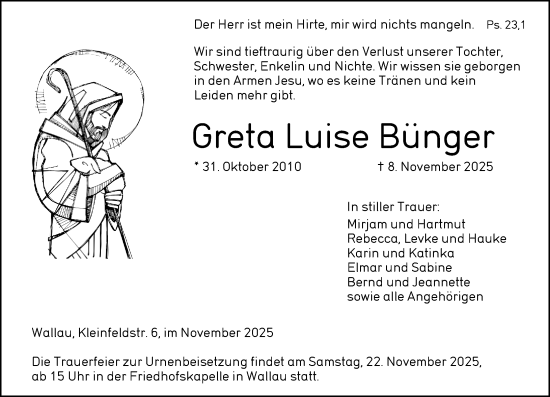 Traueranzeige von Greta Luise Bünger von Hinterländer Anzeiger