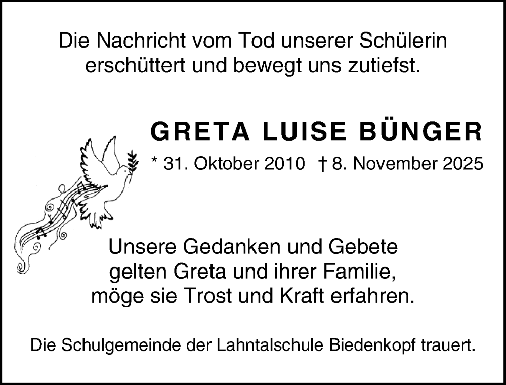  Traueranzeige für Greta Luise Bünger vom 21.11.2025 aus Hinterländer Anzeiger