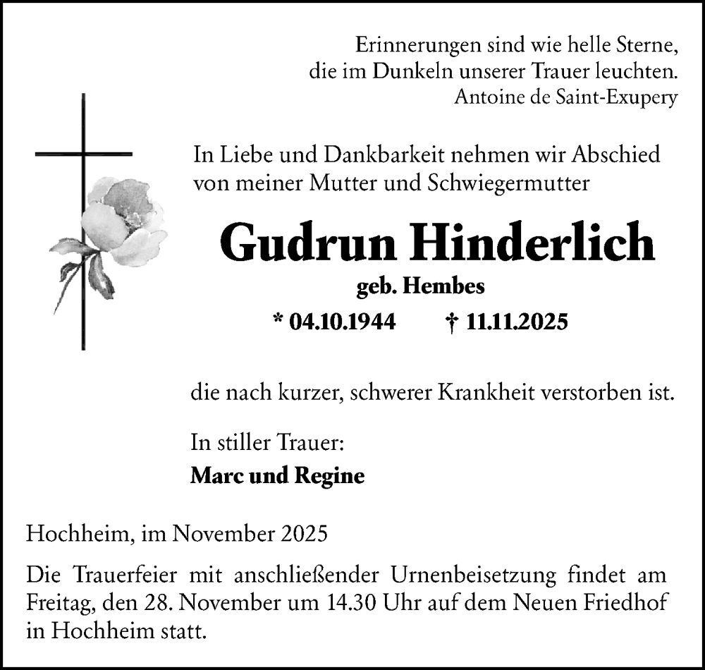  Traueranzeige für Gudrun Hinderlich vom 21.11.2025 aus Hochheimer Zeitung