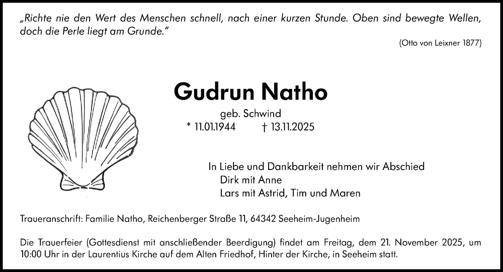  Traueranzeige für Gudrun Natho vom 17.11.2025 aus Darmstädter Echo