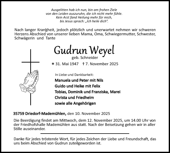 Traueranzeige von Gudrun Weyel von Dill Block