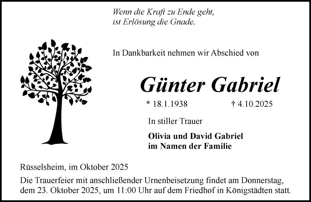  Traueranzeige für Günter Gabriel vom 11.10.2025 aus Rüsselsheimer Echo