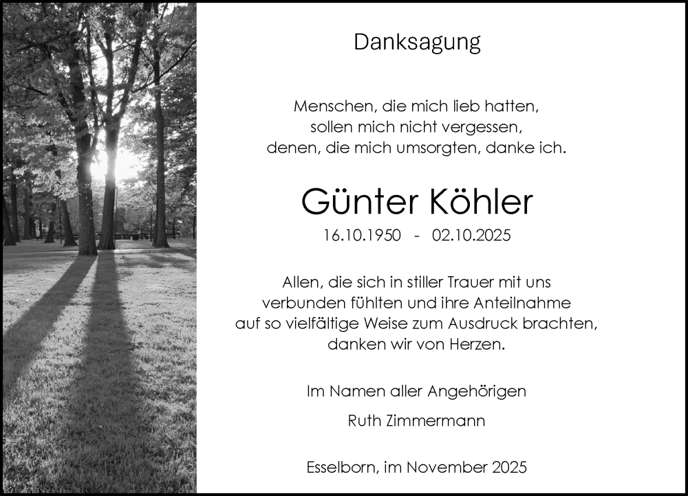  Traueranzeige für Günter Köhler vom 29.11.2025 aus Allgemeine Zeitung Alzey