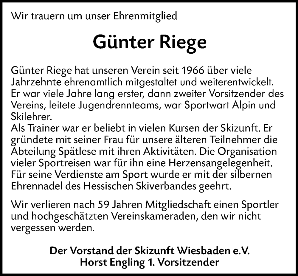  Traueranzeige für Günter Riege vom 15.11.2025 aus Wiesbadener Kurier