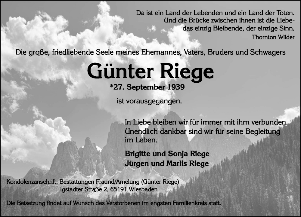  Traueranzeige für Günter Riege vom 15.11.2025 aus Wiesbadener Kurier
