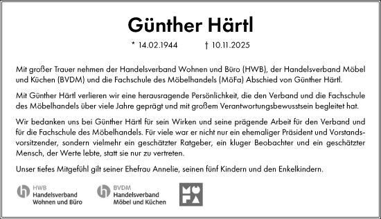 Traueranzeige von Günther Härtl von Dill Block