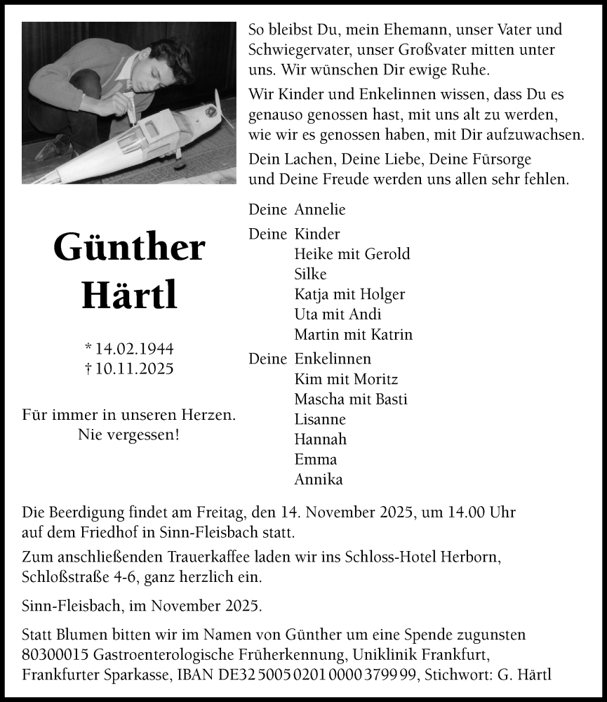  Traueranzeige für Günther Härtl vom 12.11.2025 aus Dill Block