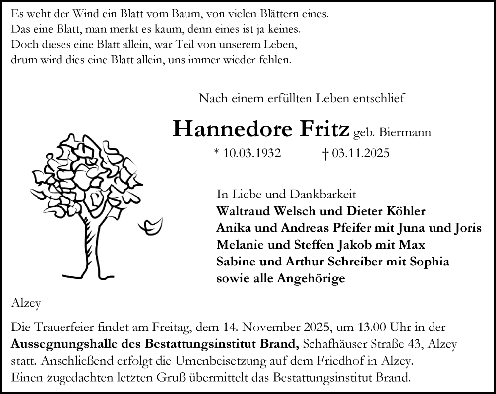  Traueranzeige für Hannedore Fritz vom 08.11.2025 aus Allgemeine Zeitung Alzey