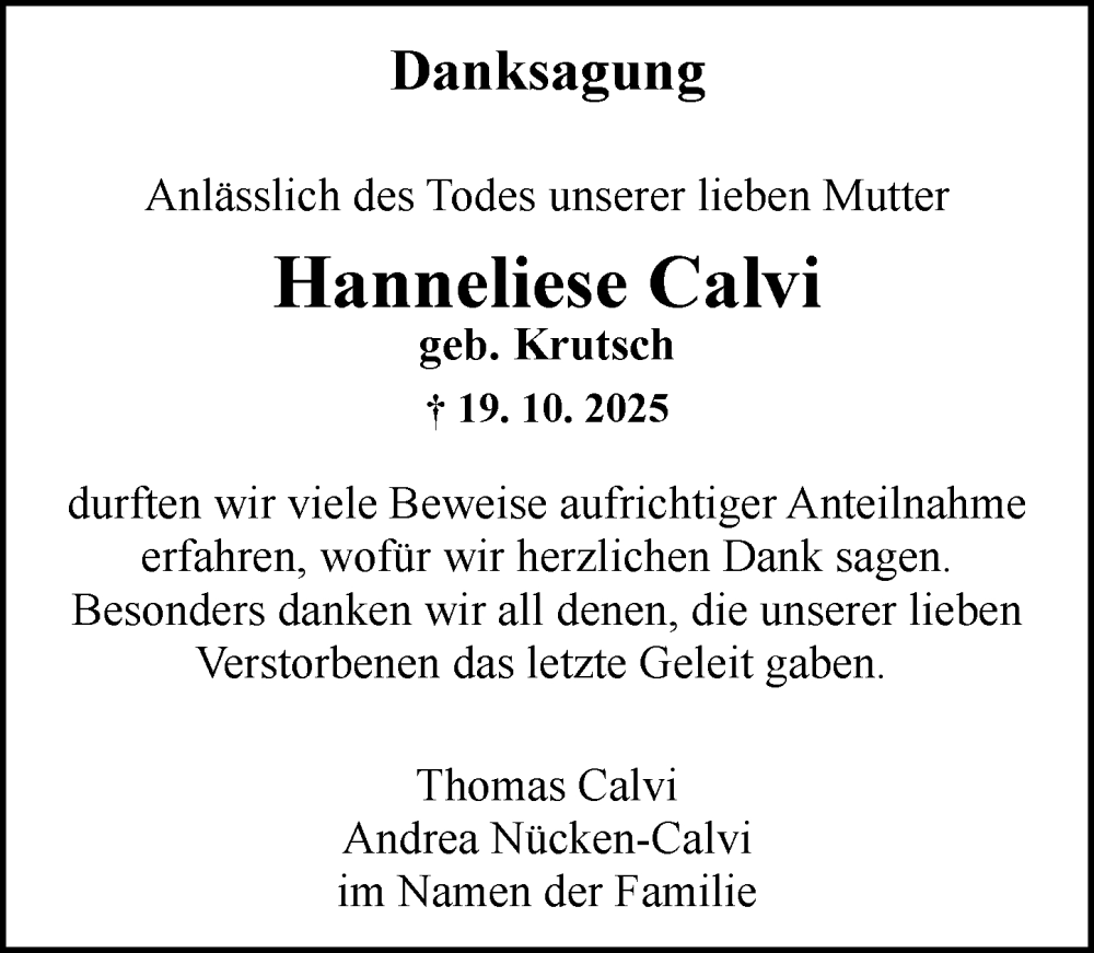  Traueranzeige für Hanneliese Calvi vom 08.11.2025 aus Allgemeine Zeitung Mainz