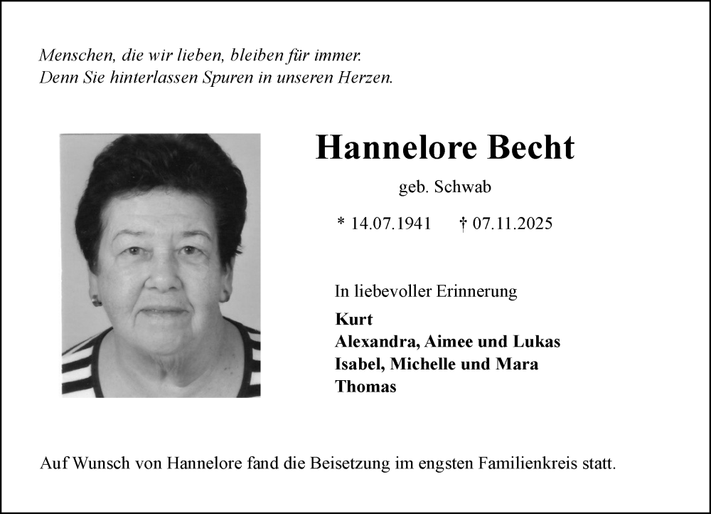  Traueranzeige für Hannelore Becht vom 22.11.2025 aus Allgemeine Zeitung Mainz
