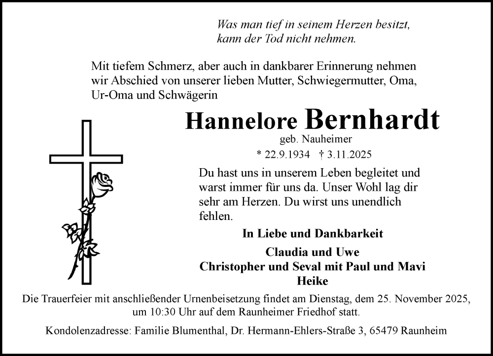  Traueranzeige für Hannelore Bernhardt vom 15.11.2025 aus Rüsselsheimer Echo
