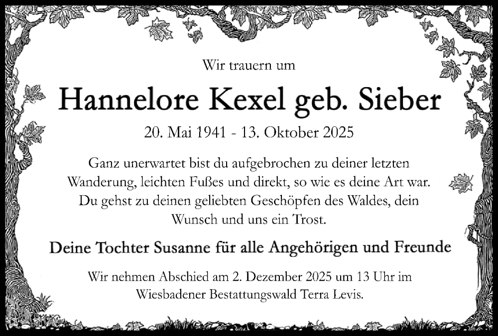  Traueranzeige für Hannelore Kexel vom 15.11.2025 aus Wiesbadener Kurier
