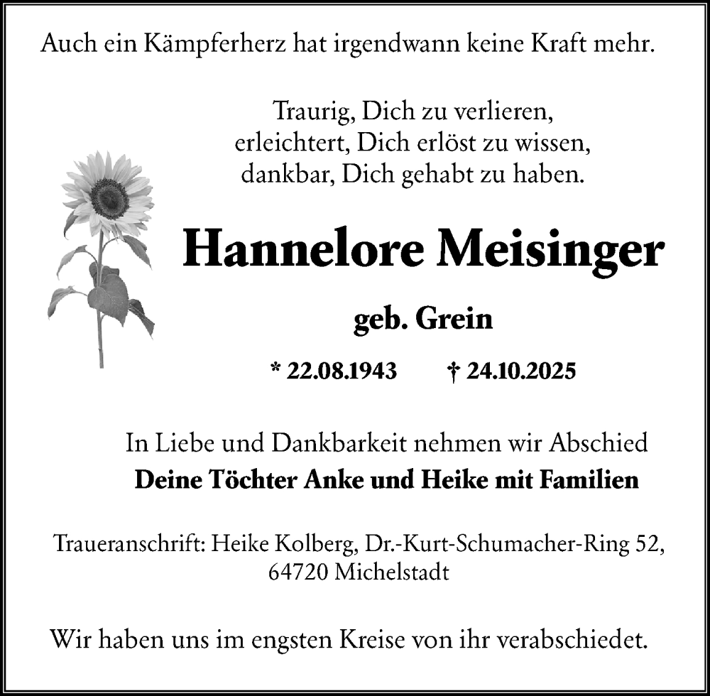  Traueranzeige für Hannelore Meisinger vom 08.11.2025 aus Odenwälder Echo