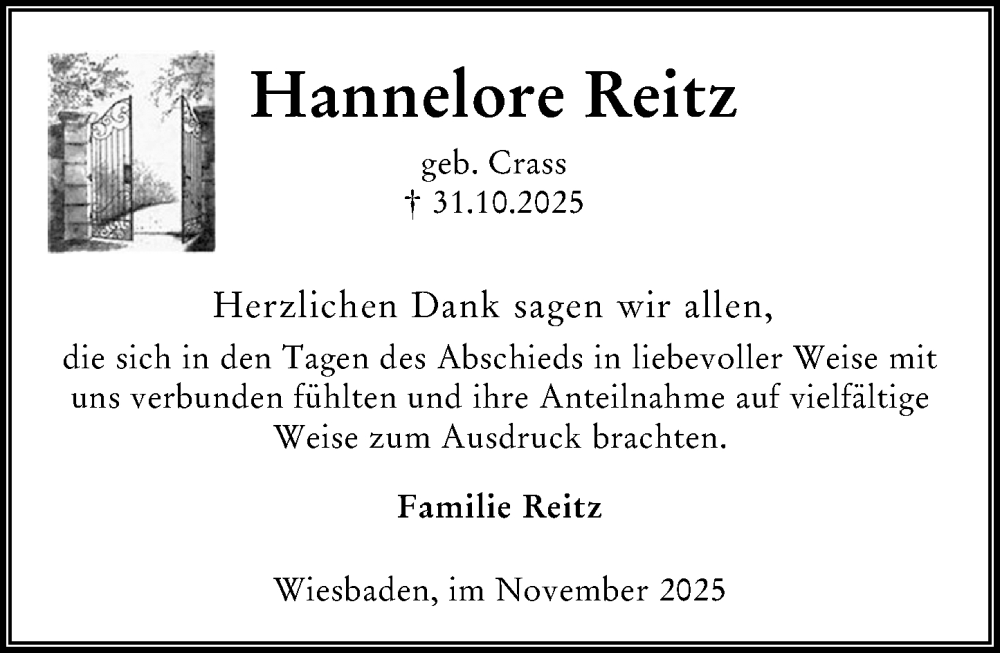  Traueranzeige für Hannelore Reitz vom 29.11.2025 aus Wiesbadener Kurier