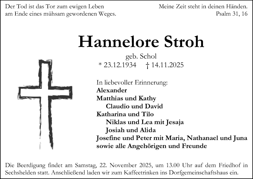  Traueranzeige für Hannelore Stroh vom 19.11.2025 aus Dill Block