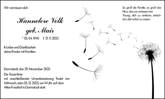 Traueranzeige von Hannelore Volk von Darmstädter Echo