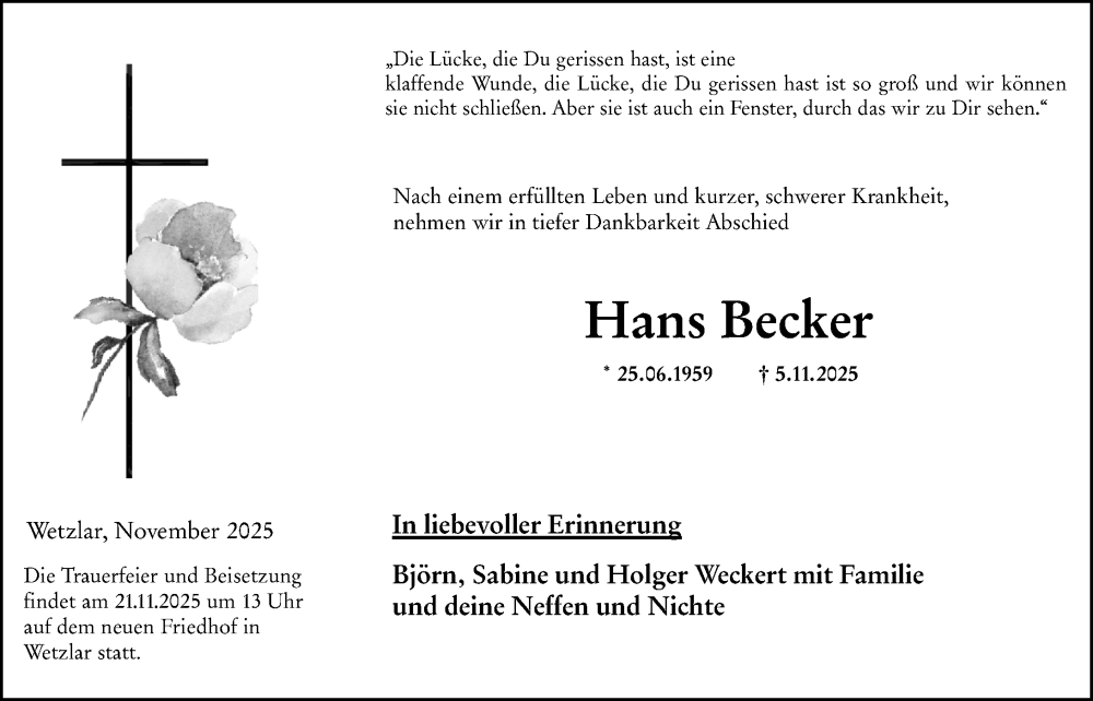  Traueranzeige für Hans Becker vom 15.11.2025 aus Wetzlarer Neue Zeitung