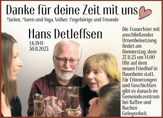 Traueranzeige von Hans Detleffsen von Wetzlarer Neue Zeitung