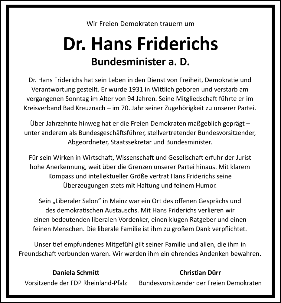  Traueranzeige für Hans Friderichs vom 22.11.2025 aus Allgemeine Zeitung Mainz