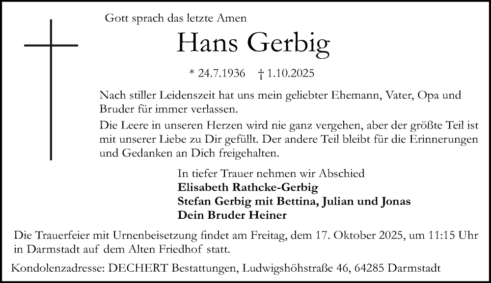  Traueranzeige für Hans Gerbig vom 11.10.2025 aus Darmstädter Echo