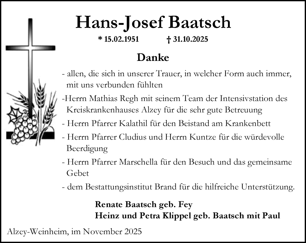  Traueranzeige für Hans-Josef Baatsch vom 29.11.2025 aus Allgemeine Zeitung Alzey