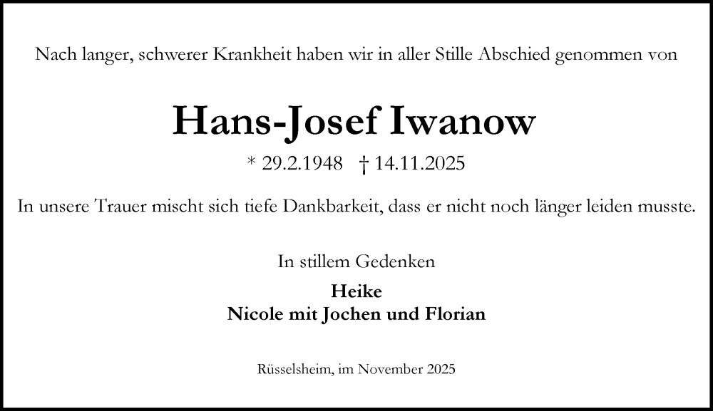  Traueranzeige für Hans-Josef Iwanow vom 29.11.2025 aus Rüsselsheimer Echo