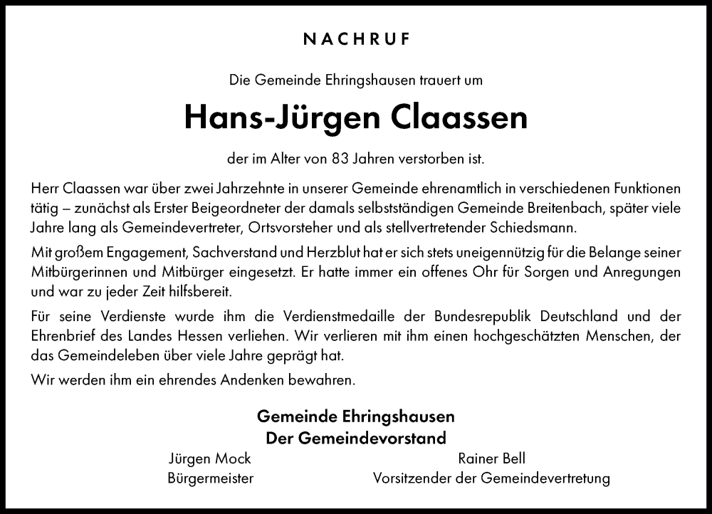  Traueranzeige für Hans-Jürgen Claassen vom 04.11.2025 aus Wetzlarer Neue Zeitung