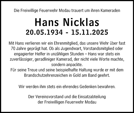 Traueranzeige von Hans Nicklas von Darmstädter Echo