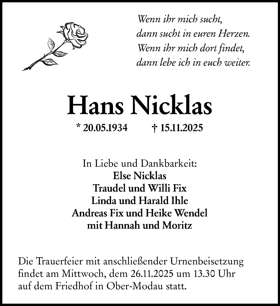  Traueranzeige für Hans Nicklas vom 22.11.2025 aus Darmstädter Echo