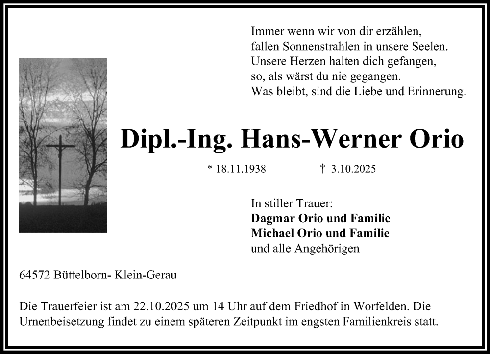  Traueranzeige für Hans-Werner Orio vom 11.10.2025 aus Groß-Gerauer Echo