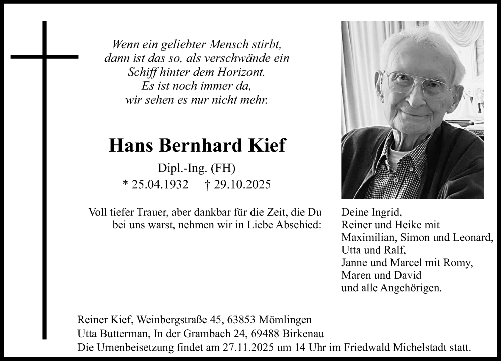  Traueranzeige für Hans Bernhard Kief vom 15.11.2025 aus Odenwälder Echo
