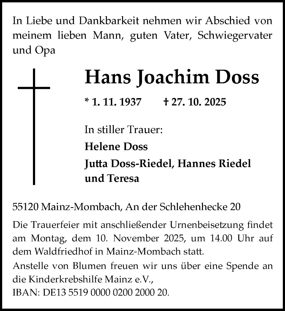  Traueranzeige für Hans Joachim Doss vom 08.11.2025 aus Allgemeine Zeitung Mainz