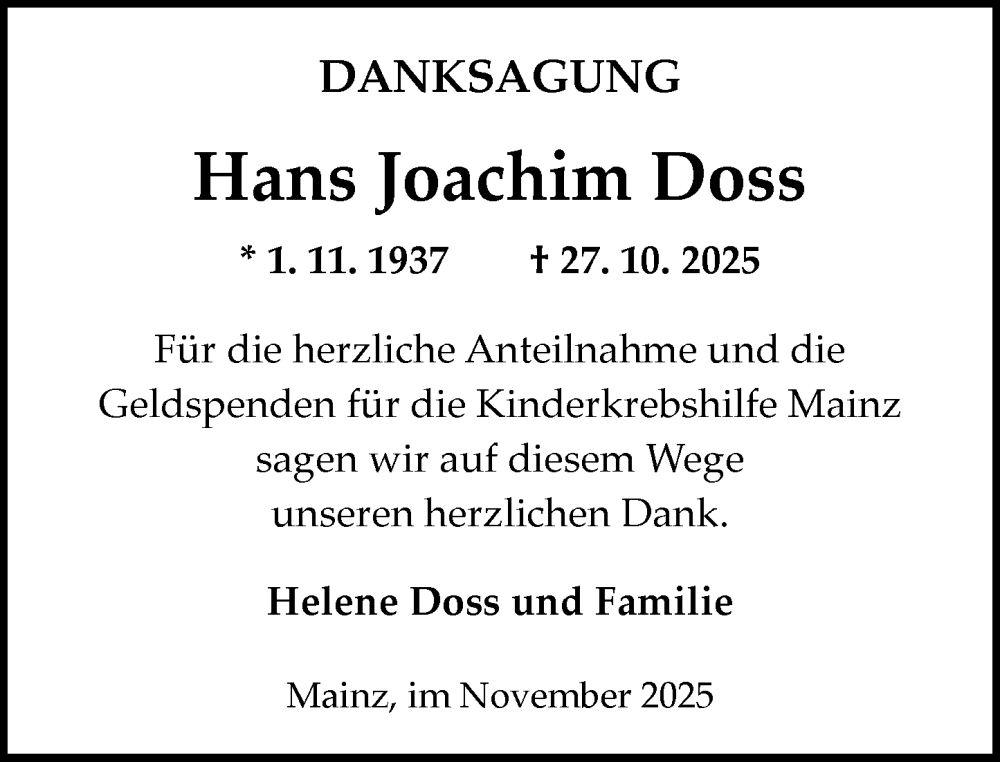  Traueranzeige für Hans Joachim Doss vom 29.11.2025 aus Allgemeine Zeitung Mainz