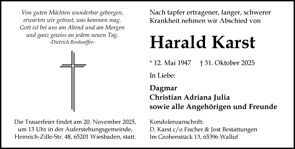  Traueranzeige für Harald Karst vom 15.11.2025 aus Wiesbadener Kurier
