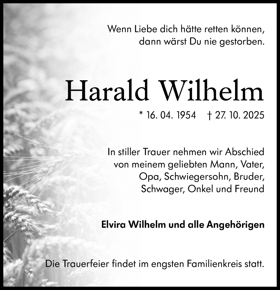  Traueranzeige für Harald Wilhelm vom 08.11.2025 aus Darmstädter Echo