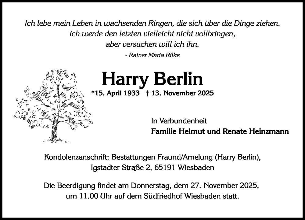  Traueranzeige für Harry Berlin vom 22.11.2025 aus Wiesbadener Kurier