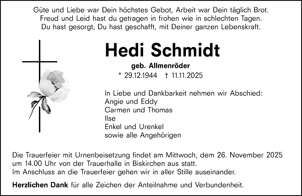  Traueranzeige für Hedi Schmidt vom 22.11.2025 aus Wetzlarer Neue Zeitung