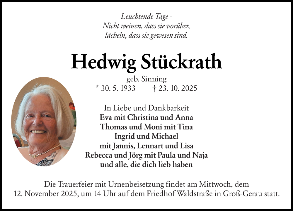  Traueranzeige für Hedwig Stückrath vom 08.11.2025 aus Groß-Gerauer Echo
