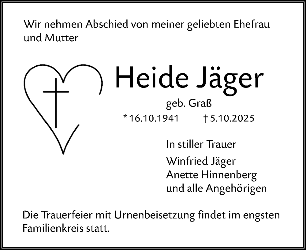  Traueranzeige für Heide Jäger vom 11.10.2025 aus Dieburger Anzeiger/Groß-Zimmerner Lokal-Anzeiger