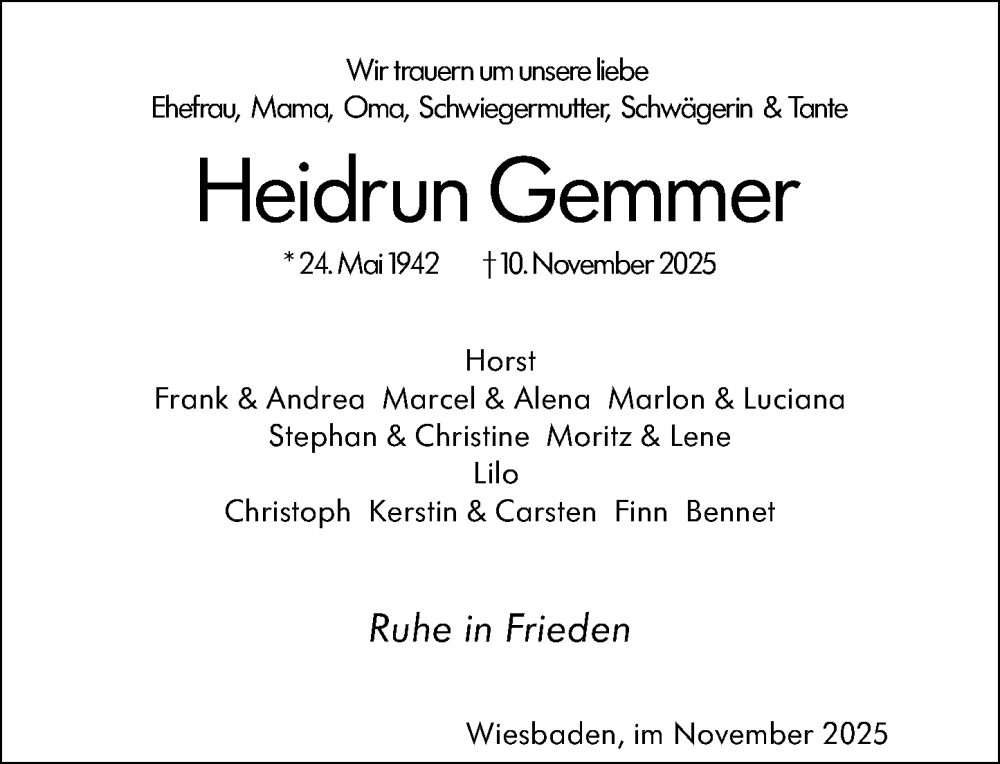  Traueranzeige für Heidrun Gemmer vom 15.11.2025 aus Wiesbadener Kurier