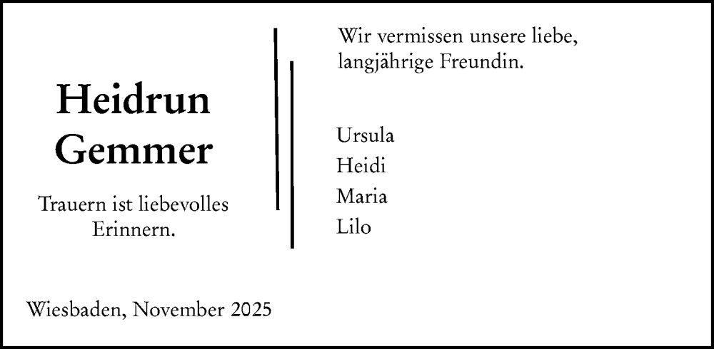  Traueranzeige für Heidrun Ursula Gemmer vom 29.11.2025 aus Wiesbadener Kurier