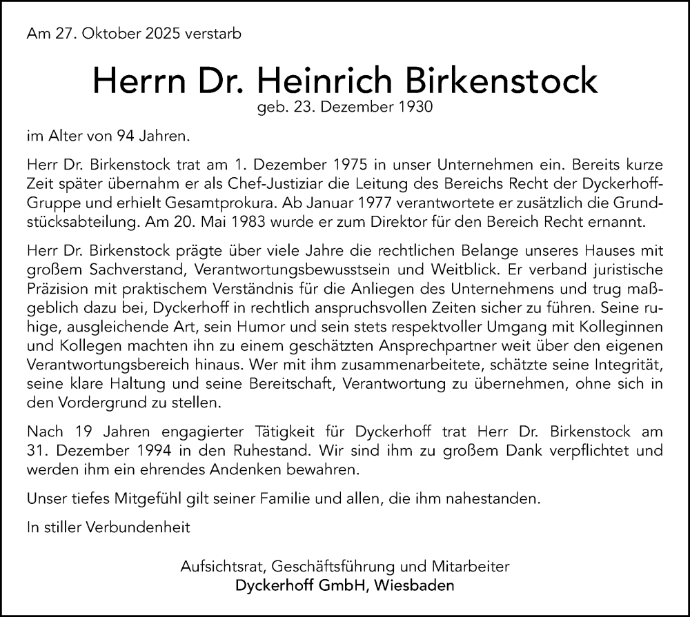  Traueranzeige für Heinrich Birkenstock vom 15.11.2025 aus Wiesbadener Kurier