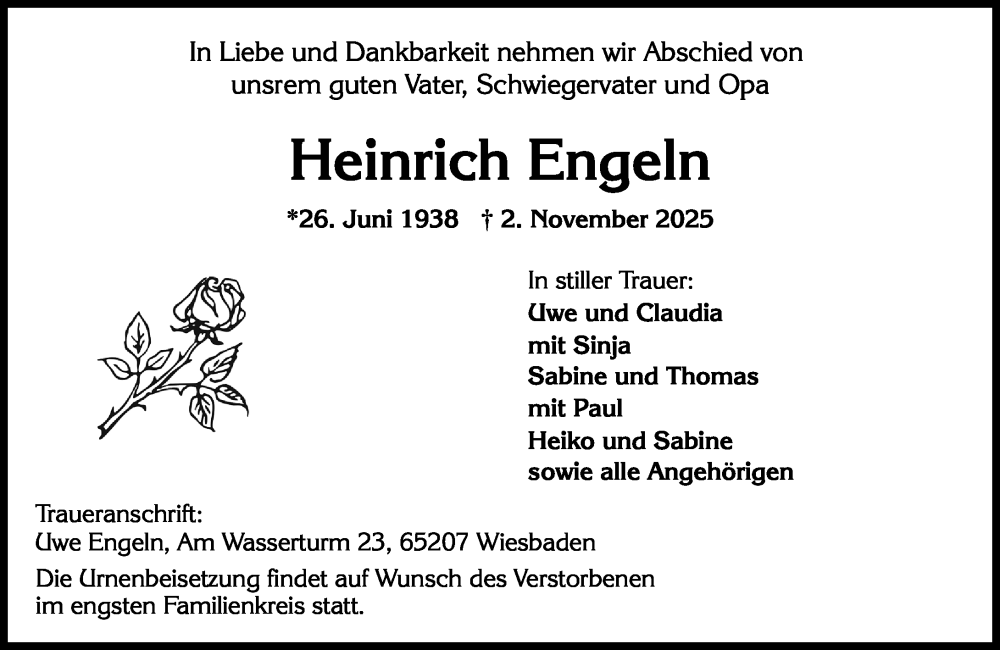  Traueranzeige für Heinrich Engeln vom 08.11.2025 aus Wiesbadener Kurier
