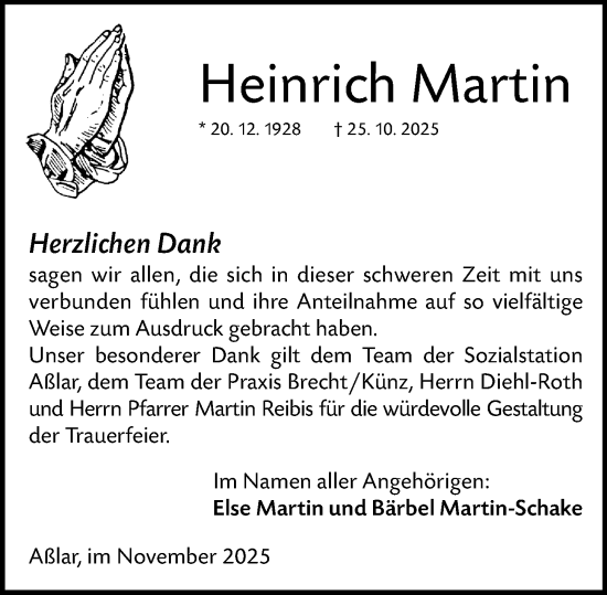 Traueranzeige von Heinrich Martin von Wetzlarer Neue Zeitung