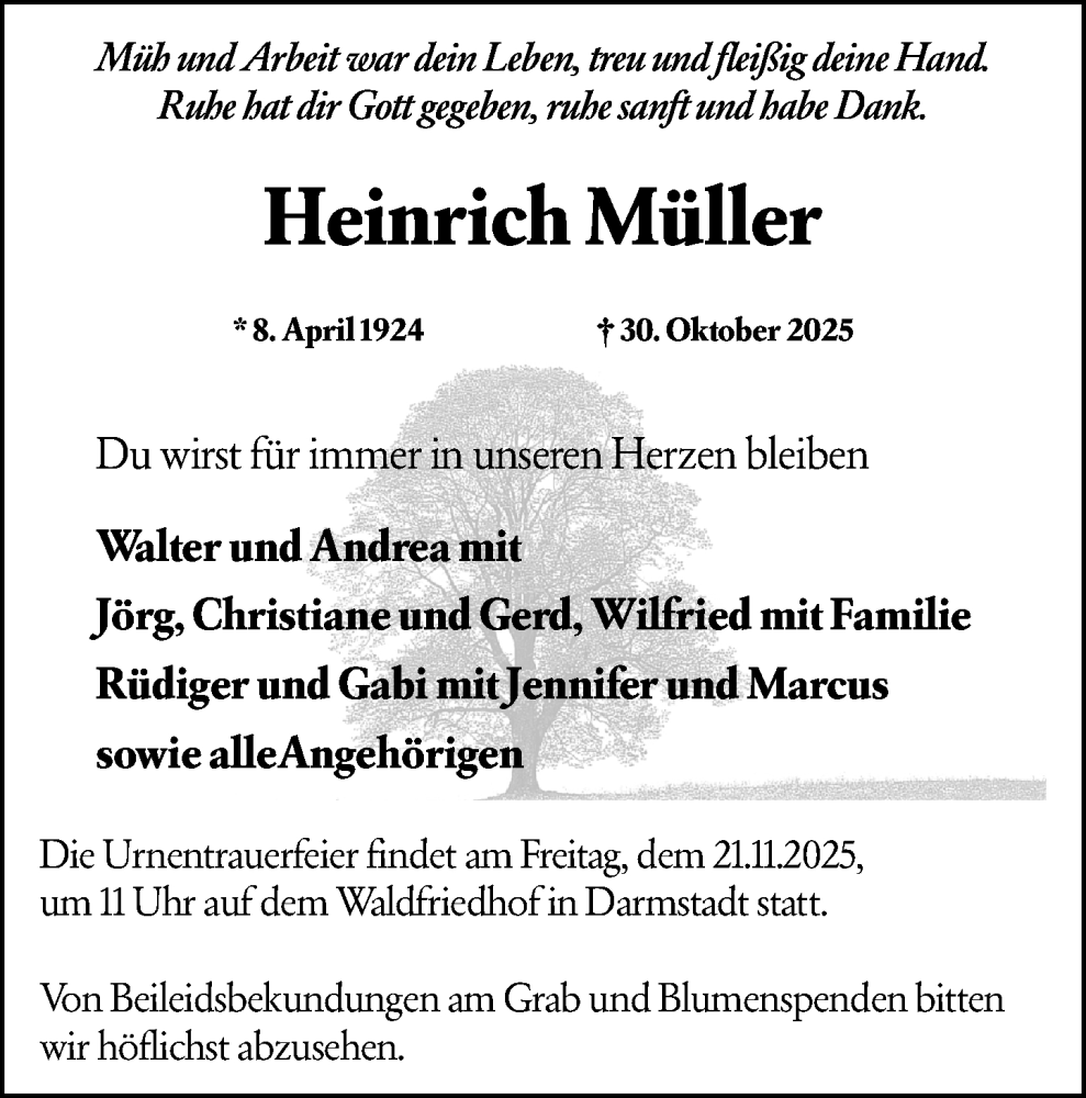  Traueranzeige für Heinrich Müller vom 15.11.2025 aus Darmstädter Echo